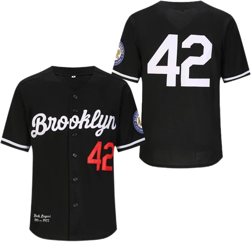 remera de béisbol con leyenda negra para hombre, número 42, camisetas retro bordadas con luces apagadas