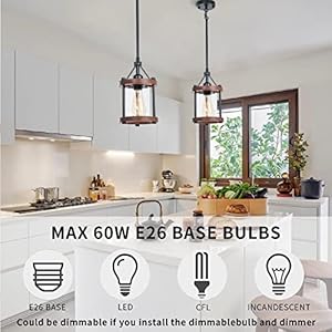 Farmhouse Pendant Light, Rustic Walnut Wood Metal Cage Hanging Light Fixtures with Glass, Adjustable for Flat and Slop Ceiling, Pendant Lighting for Kitchen Island Foyer Hallway,2-Pack Farmhouse Pendant Light Rustic Walnut Wood Metal Cage Hanging Light Fixtures with Glass Adjustable for Flat and Slop Ceiling Pendant Lighting for Kitchen Island Foyer Hallway2 Pack
