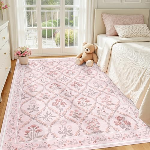Image of Dadasgk Pink Area Rugs for Bedroom 6x9,Boho Washable Neutral Baby Rug for Nursery,Teen Girls Coquette Cute Room Decor Aesthetic Washable Vintage Cottage Core Floral Dorm Rug for College Playroom
