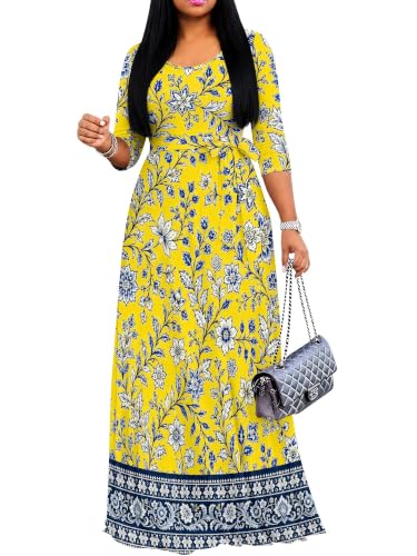 Image of PinkPatty Women's Plus Size Maxi Dresses Casual Flowy 3 /4 Sleeves Dress Printed Vacation Dress for Daily Wear with Belt