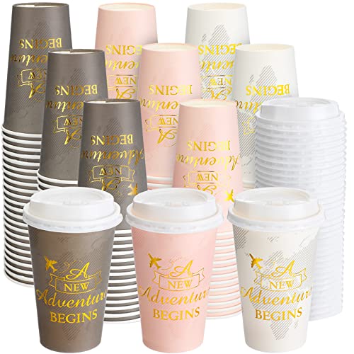 96 Pack 16 Oz Disposable Coffee Cups With Lids A New Adventure Begins Paper Coffee Cups For Baby Showers, Engagement Parties, Graduations For Beverages Espresso Tea #TOP18