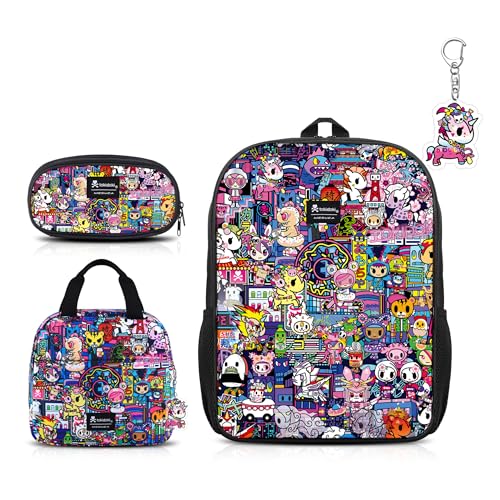 Tokidoki Backpack Set Casual Backpack with Unicorno Keychain Cute Laptop Bag Insulated Lunch Bag (purple)