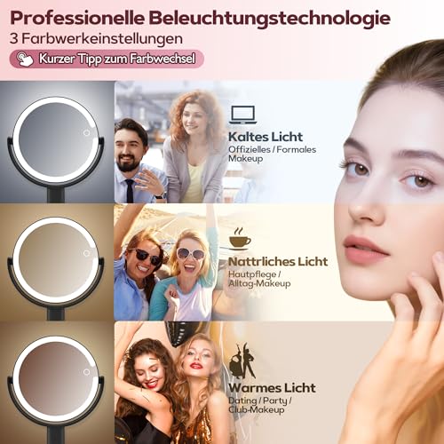 MOMOKUBA Kosmetikspiegel mit Beleuchtung, Vergrößerungsspiegel mit Licht 30fach, Kosmetikspiegel mit Vergrößerung 7", Doppelseitig 3 Farben 64 Led, Schminkspiegel mit Beleuchtung 360° Drehbar, Schwarz 3