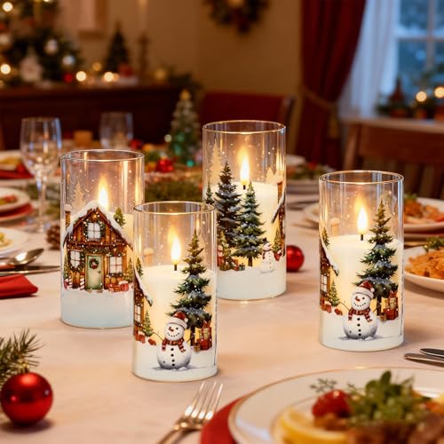 Image of KunSween Christmas Candles with Remote Timer, Set of 2 LED Glass Flameless Candles Battery Operated with Cedar, Snowman, Reindeer, Snowy House Decals for Holiday Winter Party Home Decor(D6 inch x H3 inch)