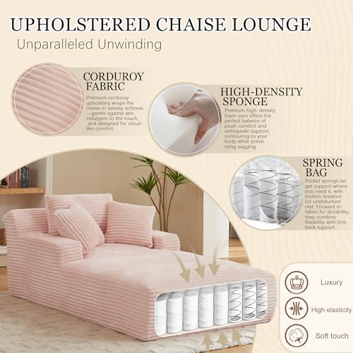 Image of Chaise Lounge Chair Indoor, 50 Inch Oversized Corduroy Upholstered Boneless Sofa Bed, Deep Seat Sleeper Couch Reading Chairs, Cloud Sofas Couches for Living Room (Pink, 50 inch W x 80 inch D)