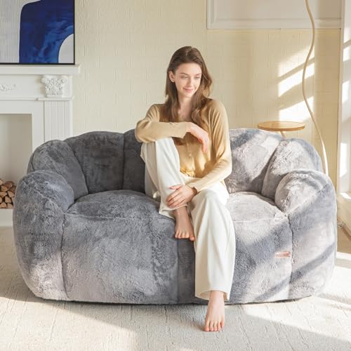 Image of MAXYOYO Bean Bag Chair for Adults, Loveseat Floral Shaped Bean Bag Sofa, Ultra Soft Love Seat Mini Sofa Couch, Faux Fur Reading Chair for Living Room Bedroom, Dark Grey