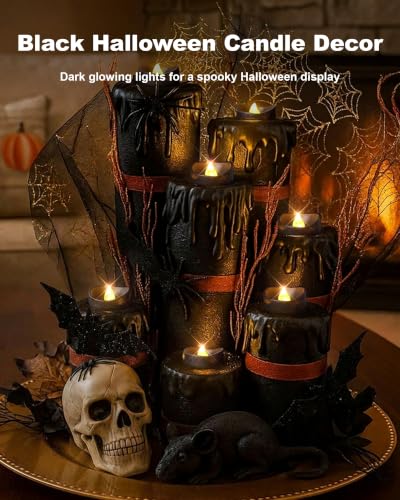 Image of Homemory 24-Pack Black Remote Flameless Battery Tea Light Candles, 400+ Hrs | 2 /4 /6 /8H Timer LED Flickering Tealight Votives for Jack O Lanterns, Halloween Parties, Romantic Dinners and Weddings