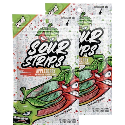 SOUR STRIPS Flavored Sour Candy Strips, Deliciously Sour Chewy Candy Belts, Vegetarian Candies, 2 Pack (Appleberry (2 pack))