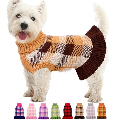 Image of Dog Sweater Dress Plaid Knitwear for Small Medium Dogs Warm Puppy Pet Turtleneck Stretch Pullover Cute Fall Winter Vest Clothes with Leash Hole for Christmas (Coffee, 2XL)