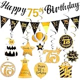 Hapdoo 75th Birthday Decorations Set - 75th Birthday Decorations Men Happy 75th Birthday Banner Triangle Flag Hanging Swirls Streamers for Women Men Birthday Party Decorations Supplies, Black and Gold