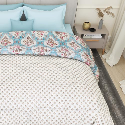 Image of Comforter Double Bed Blanket for Winter Double Size | Microfiber Blanket | Dohar | 220x250 cm | Cream & Blue Blanket Floral Design | Cozy Bedding Blankets for Winter -All Seasons