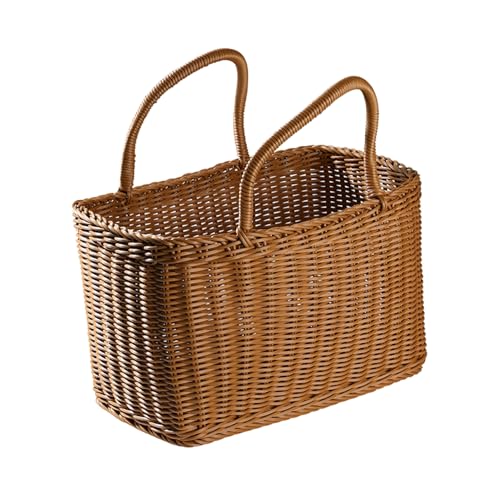 Milisten Picnic Handwoven Basket with Handles: Plastic Shopping Basket Decorative, Reusable Grocery Bag Woven Straw Tote Bag ForHome Outdoor Vegetables Fruit
