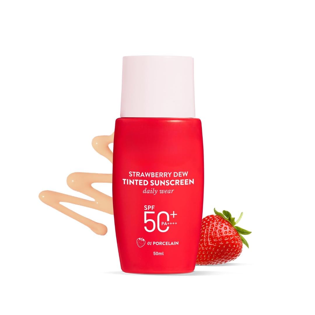 Strawberry Dew Sunscreen Tinted, SPF 50+ PA+++ Porcelain 01, Water Resistant, 50ml Unisex Everyday Use