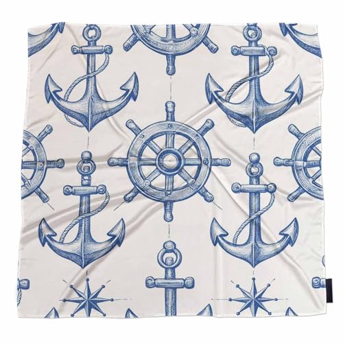 Xuwenz Head Scarf Nautical Elements Silk Scarf for Women Hair Wrap Sleeping Ship Steering Wheel Anchor Compass Bandana 90x90 CM