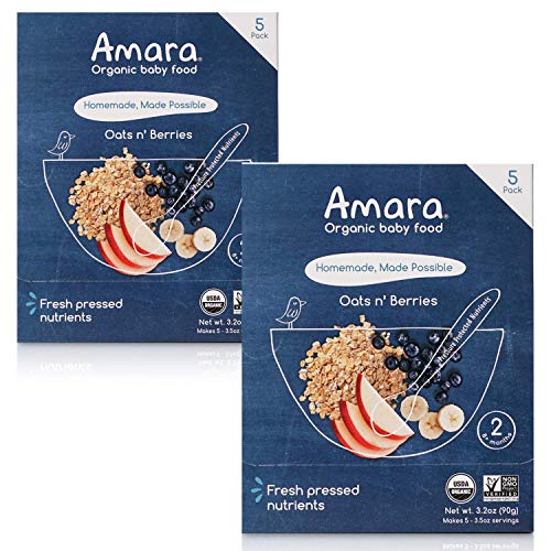 Amara Organic Baby Food | Oats and Berries | Baby Cereal to Mix With Breastmilk, Water, or Baby Formula | Baby Food Pouches, Made from Organic Fruit and Veggies | Stage 2 | 10 Pouches