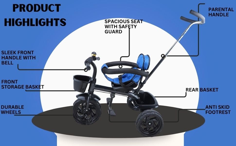 Image of JoyRide Learn-to-Ride Trike on 3 Wheels with Safety Harness, Non-Slip Pedal,Storage Basket and Removable Parent Handle (Dark Blue)