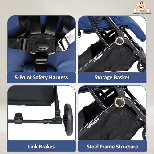 Image of Infantso RIDE-X Premium Baby Stroller / Pram Auto Fold with 5 Points Safety Harness, Multi Level seat Recline & Spacious Cushioned seat, One-Hand Fold and 360 Rotating Wheels, Travel Friendly, Extendable Canopy, Adjustable Footrest, Shock Absorption Wheels, Lightweight Stroller for 0 to 3 Years (Blue)