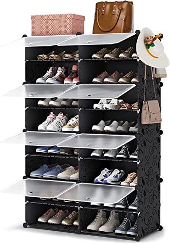 YIHATA Shoe Rack Organizer 32 Pairs Shoe Storage Cabinet 8-Tier DIY Expandable Free Standing Shoe Cabinet for Entryway Closet Bedroom Hallway with Versatile Hook (Black) YIHATA Shoe Rack Organizer 32 Pairs Shoe Storage Cabinet 8-Tier DIY Expandable Free Standing Shoe Cabinet for Entryway Closet Bedroom Hallway with Versatile Hook (Black)