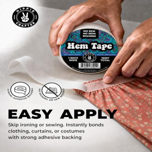 Image of HIPPIE CRAFTER Double Sided Hem Tape No Sew No Iron Sewing Tape for Hemming Curtains Fabric Pants Dress Clothes and More Thin with Strong Adhesive Removable 1 Inch x 100FT
