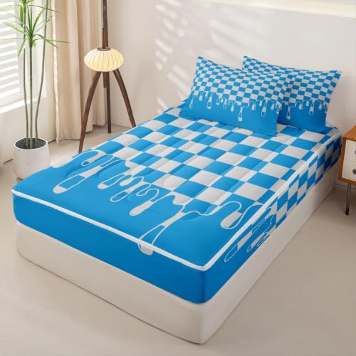 Image of Cyan Teal Checkered Zipper Bedding Full SizeGingham Checkerboard Drip Zip Up Bedding Set for Teens Adults, Vintage Aesthetic Trendy Modern Geometric Bed in a Bag Grid Plaid Comforter Set with Sheets