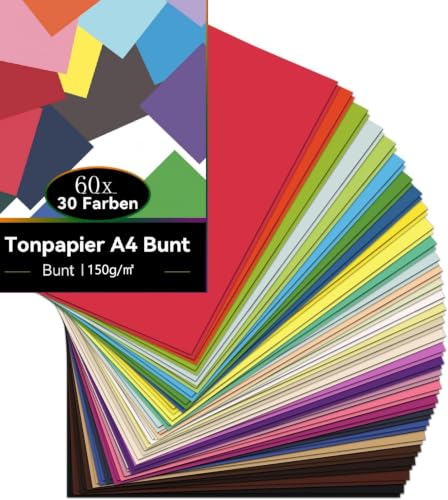 Taiyeestar 60 Blatt Tonpapier A4 Bunt in 30 Farben 150 g/m Tonzeichenpapier A4 Buntes Papier Bastelpapier Bunt Tonkarton Farbiges Papier für Origami und Bastelprojekte