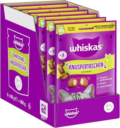 WHISKAS Knuspertaschen Katzensnacks mit Pute 6 x 60g Knusprige Snacks mit Pute für Katzen