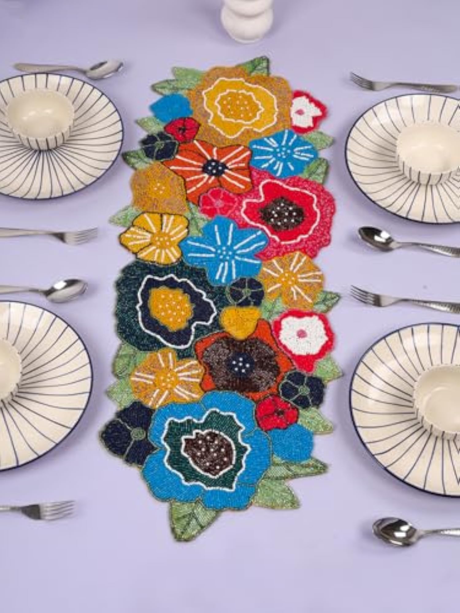 Beaded Dinning Table Runner Multicolour Floral Pattern