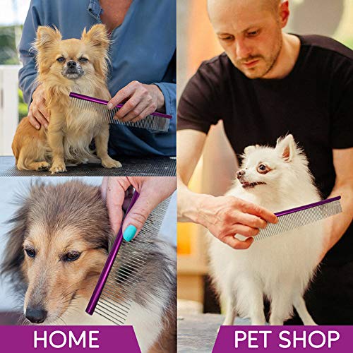 Image of Dog Combs for Grooming Matting, 10-Inch Metal Comb for Dogs and Cats, Greyhound Grooming Comb with Fine and Wide Rounded Stainless Steel Teeth for Detangling Medium to Coarse Fur