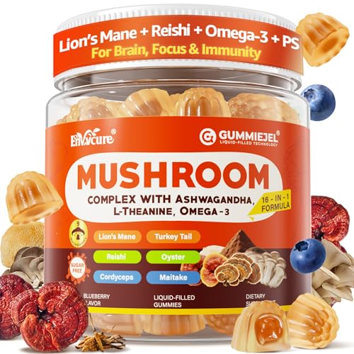 Brain Supplements for Memory and Focus 16-in-1 Mushroom Gummies w/Lions Mane Reishi Chaga PS B12 Omega 3 L-Theanine & More Brain Focus Vitamins for Adults - Cognitive & Immunity Support 60Ct