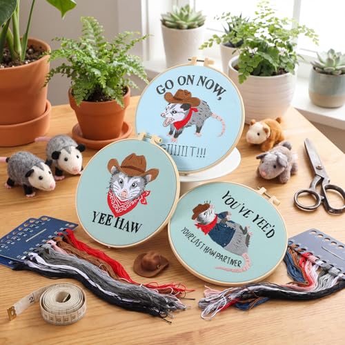 Image of Mindsoft 3 Set Needlepoint Kit for Beginners with Hoop,Cowboy Possum | Bamboo Hoop Thread Needles Instructions, Easy Hand Embroidery for Beginners Home Crafts,Pre-stamped Funny Cute Designs