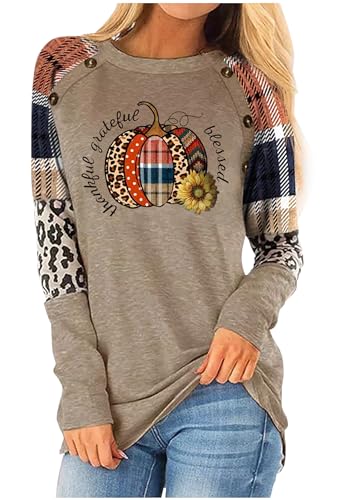 Thankful Blessed Thanksgiving Shirts Vintage Color Block T Shirt Blouse for Women Long Sleeve Splicing Tee Tops Tunic