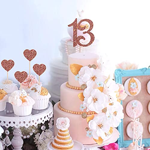 Image of Festiko 13 Cake Topper for 13th Birthday Cake Topper with Heart Cupcake Toppers, Number Thirteen, 13 Years Old, Teenager Birthday Wedding Anniversary Party Decorations (Rose Gold Glitter 5pcs)