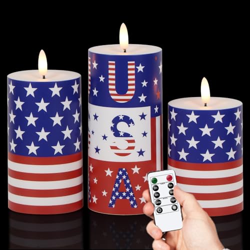Image of Wondise Patriotic Candles Outdoor Waterproof Flameless Candle with Remote & Timer, 4th of July Battery Operated 3D Wick LED Pillar Flag Candles for Independence Day Home Decor
