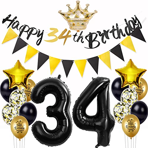 Ballon de 34e anniversaire - Décoration d'anniversaire - Noir/doré - Décoration d'anniversaire de 34 ans - Décoration d'anniversaire - Ballon de 34 ans - Anniversaire garçon fille Cover