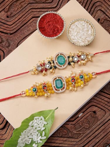 Image of Sukkhi Rakhi Excellent Kundan & Pearls Designer Gold Plated Premium Rakhi for Brother with Roli Chawal & Greeting Card|Rakhi for Brother /Bhaiya /Bhai /Men|Kundan Rakhi|Rakhi Combo-Set of 2