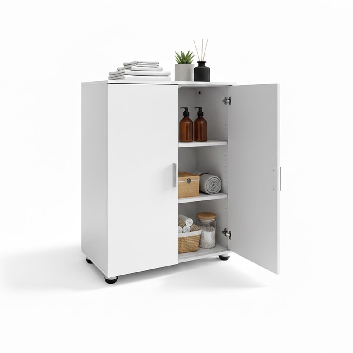 Baroni Home Mobile Bagno a 2 Ante con 3 Scomparti Interni, Armadietto Salvaspazio in MDF con Maniglie e Piedi in Acciaio, Mobile Multiuso per Bagno e Lavanderia, 30x60x82 cm (Bianco)