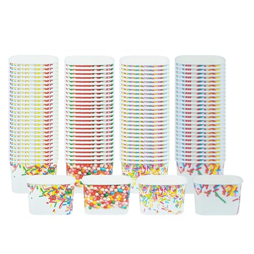 Image of Restaurantware Paper Cups 200 Count 12 Ounce Square Disposable Ice Cream Containers, Leak-Resistant Paper Dessert To Go Cups, Hot And Cold Food, Durable Assorted Sprinkles Design, Lids Sold Separately