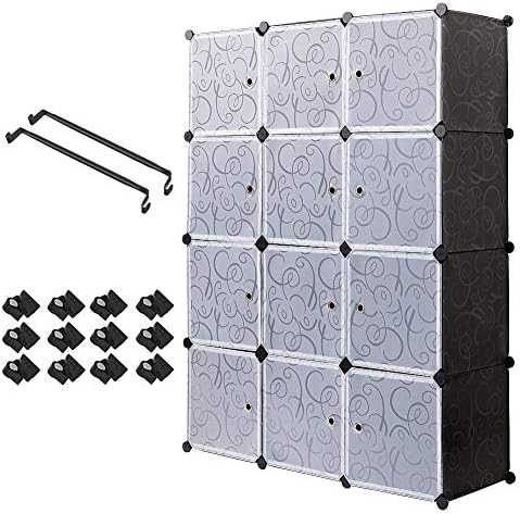 PONCTUEL ESCARGOT Interlocking Plastic Wardrobe Cabinet Storage for Clothes Translucent Decorative Patterns, Elegant Black & White (12 Cube)