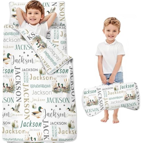 Personalized Toddler Nap Mat with Name for Daycare Preschool, Customized Mallard Kids Sleeping Bag with Pillow & Blanket for Boys Girls, Wild Duck Toddler Nap Sack Sleep Mats