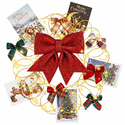 Reallnaive Christmas Card Holder with Lights, 13 Inch Xmas Spiral Metal Wreath with LED Light and Bows for Door & Wall Display, Photo Greeting Card Holder Wire Loop Picture Display Insert Wall(Gold)