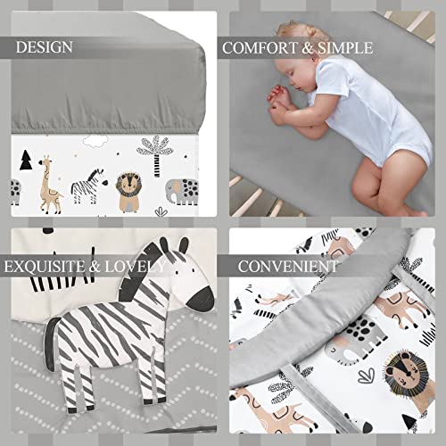 Image of 4 Piece Woodland Forest Animals Crib Bedding Set, Including Jungle Safari Crib Skirt, Blanket, Nursery Bed Sheet and Diaper Stacker, Soft Neutral Nursery Standard Size Baby Bedding for Baby Girls Boys