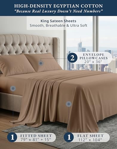 Image of LANE LINEN King Size Sheets 100% Egyptian Cotton Sateen - Taupe | King Sheet Set - 4-Piece Set, For A Luxurious Night's Sleep, For A Silky Hotel-Style Bed, Buttery-Soft Silky Sateen