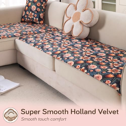 Image of HOKIPO 'Nature Muse' Premium HD Printed Holland Velvet L Shape (3+2 Seater) Sofa Cover Seat Mat, Nocturne Rose (IN-916-D2 + IN-918-D2)