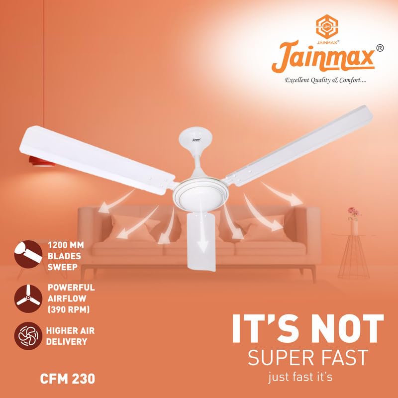 Image of 1200mm Ceiling Fan | 50W High-Speed Motor | 390 RPM | 100% Copper Winding | Anti-Dust | BEE Star Rated | Rust-Resistant | Up to 33% Energy Saving | Strong & Powerful Performance (White)