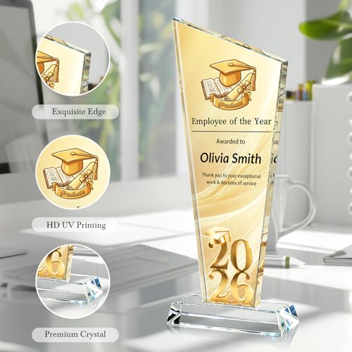 Image of Custom Crystal Trophy Award Personalized Plaque Award with Text Logo Photo Awards Trophies for Employee Recognition Team Graduation Personalized Office Gifts for Boss Coworker Teacher