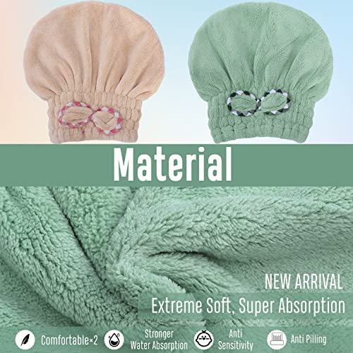 2Pcs Microfiber Hair Drying Cap,Hair Towel Cap,Fast Coral Velvet Hair Drying Towel With Bow-Knot,Quick Dry Fast Drying Hair Caps For Women,Soft Absorbent Cap For Wet Hair Long Thick Hair(Khaki+Green) #TOP4