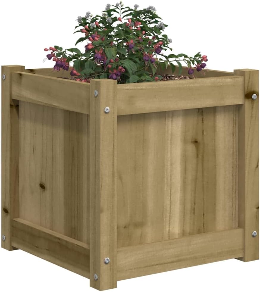 Garden Planter, Natural Wood Look Treated Solid Pine Wood, 15.7 inch Square Raised Garden Bed for Outdoor Plants, Rustic Finish Planter Box