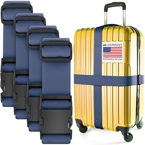 Image of Luggage Straps for Suitcases - TSA Approved - Navy Blue, 4 PK - Premium Nylon Belts for Suitcase, Briefcase & Travel Bag - Adjustable Strap Length 46 inch - 78 inch
