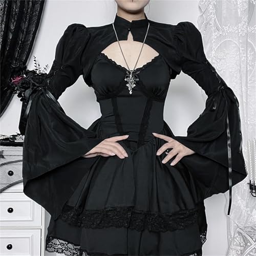 Image of Women Gothic Crop Top Shirt Y2K Black Bell Sleeve Shawl Cardigan