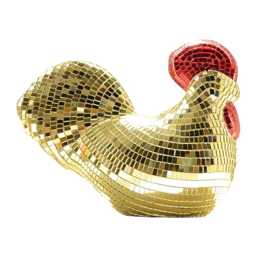 Kuntesetty Chicken Figurine with Mirror Ball, Disco Chicken Statue, Collectible Sculpture, Home Decor for Housewarming, Gold, as described